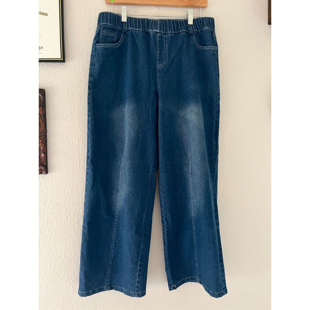 Wide leg Denim Pants with elastic waist, Dark wash size L